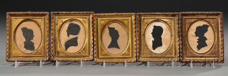 Appraisal: Five Silhouette Portraits of Three Women and Two Gentlemen America