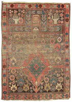 Appraisal: Prayer rug floral and rectilinear designs corner panels shaped as