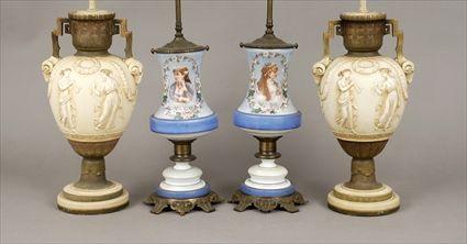 Appraisal: Pair of Continental Gilt-Metal Mounted Enameled Opaque White Glass Vases