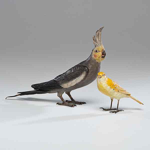 Appraisal: Bergman Cold-Painted Bronze Cockatiel and Canary Austrian early th century