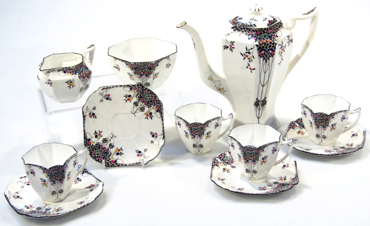 Appraisal: A Shelley Black Leafy Tree pattern part coffee service comprising