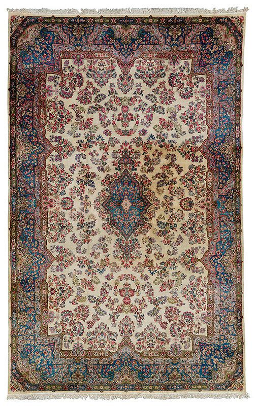 Appraisal: Kerman Carpet Persian th century white field with polygonal medallion