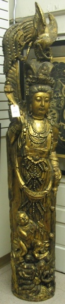 Appraisal: LARGE CHINESE CARVED GILTWOOD STATUE Kuan Yin depicted holding a