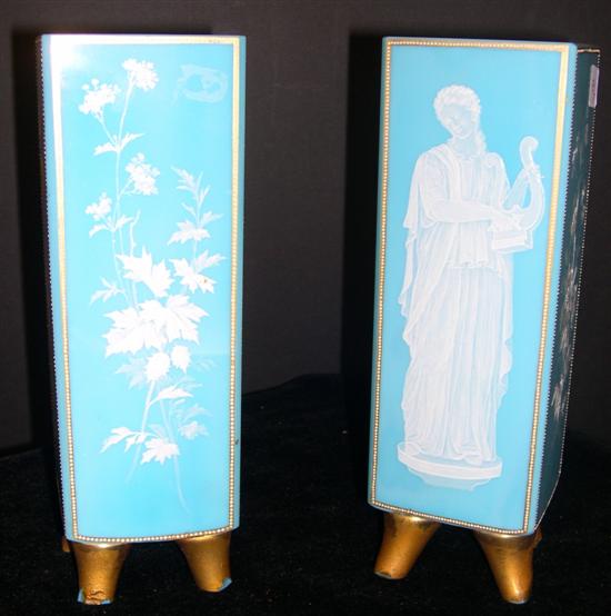 Appraisal: Pair of '' footed blue glass vases with enamel floral