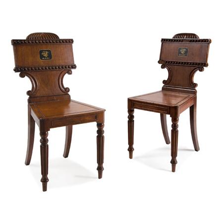 Appraisal: Pair of Regency Mahogany Hall Chairs Estimate -