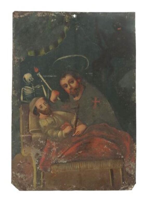 Appraisal: Unframed oil on tin retablo San Camilo de Lelis Saint