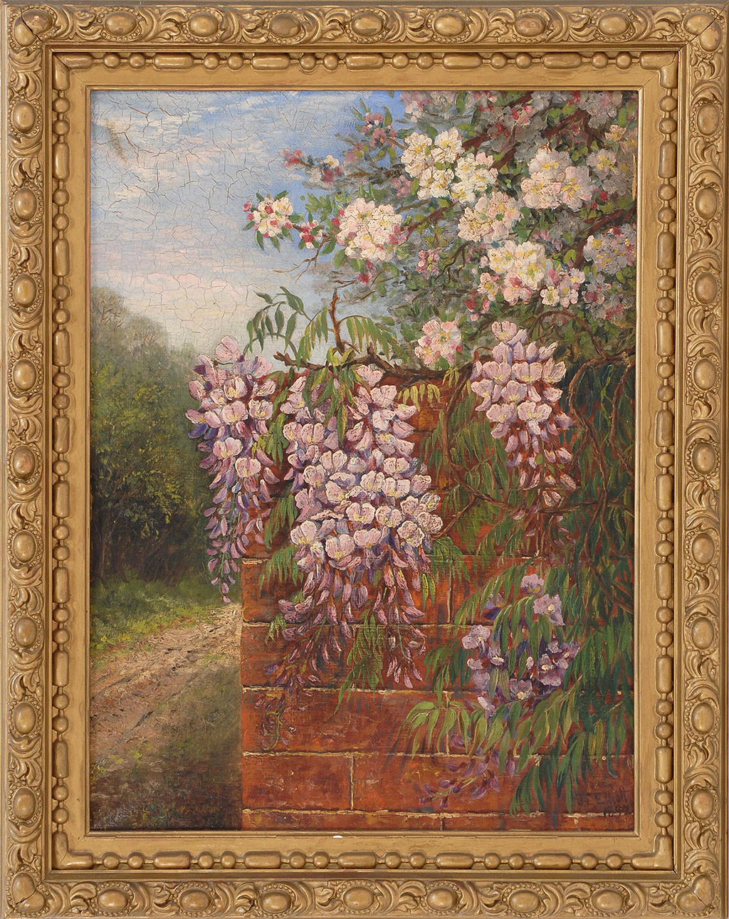 Appraisal: FRAMED PAINTING J E ELLIOTT Late th Century Wisteria along