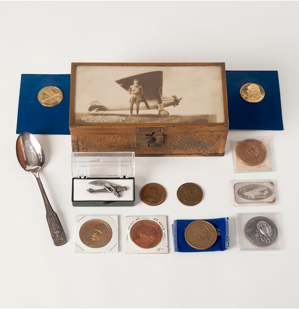 Appraisal: Lindbergh Cedar Box Full of Lindbergh Coins and Spoon Lindbergh