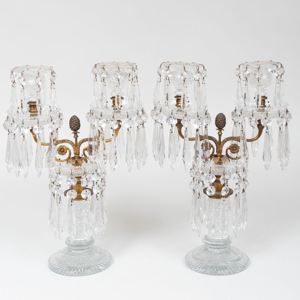 Appraisal: Pair of American Gilt-Metal-Mounted Cut Glass Two-Light Candelabra x x