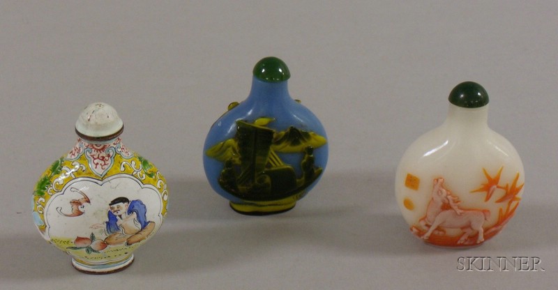 Appraisal: Two Carved Glass Snuff Bottles and an Enamel Snuff Bottle