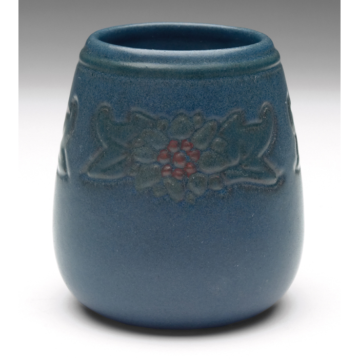 Appraisal: Marblehead vase covered in a blue matte glaze stylized floral