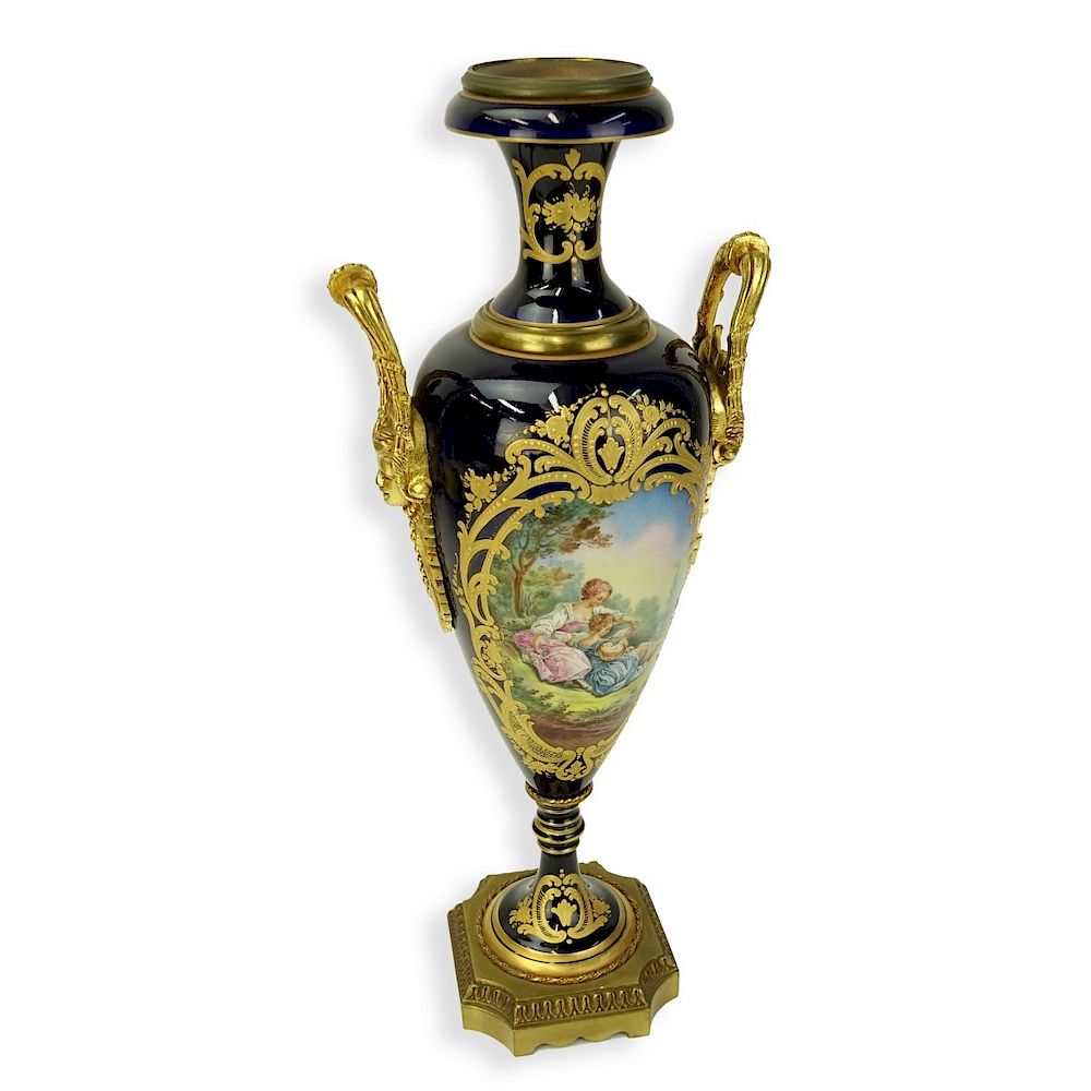 Appraisal: Sevres Cobalt Blue Hand Painted Urn A Sevres Style Bronze