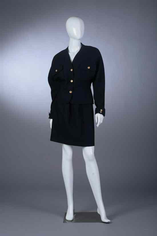 Appraisal: CHANEL NAVY PIQUE WOOL SUIT s size The jacket with