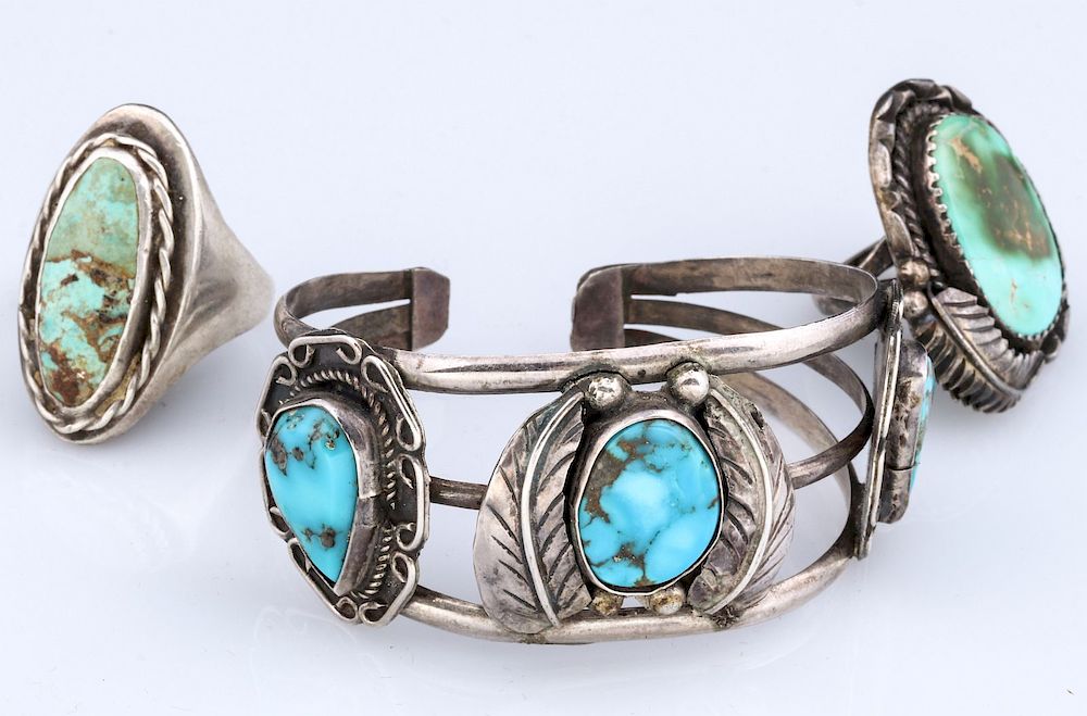 Appraisal: NATIVE STERLING AND TURQUOISE BRACELET AND RINGS A three stone