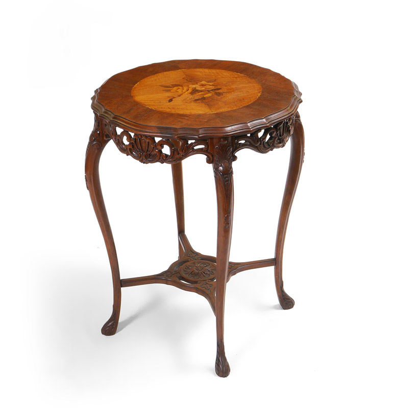 Appraisal: CARVED INLAID SIDE TABLE Center medallion with floral marquetry inlay