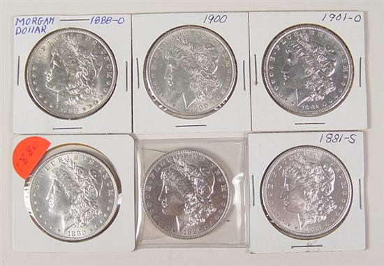 Appraisal: Six Uncirculated Morgan Dollars Dates are -S -O -O MS