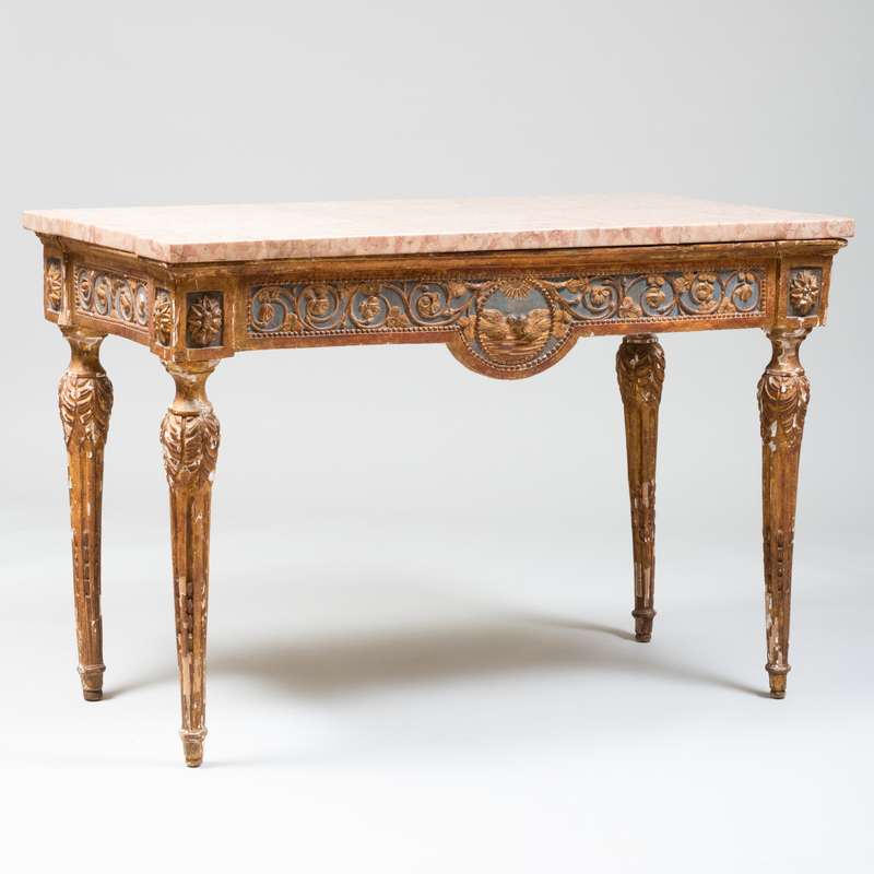 Appraisal: ITALIAN NEOCLASSICAL PAINTED AND PARCEL-GILT CONSOLE TABLE Fitted with a