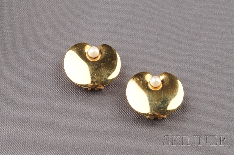 Appraisal: kt Gold and Cultured Pearl Earclips Denmark post- mark designed