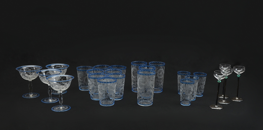 Appraisal: ETCHED BOHEMIAN STAG CASTLE BLUE RIMMED GLASSES Fluted interiors etched