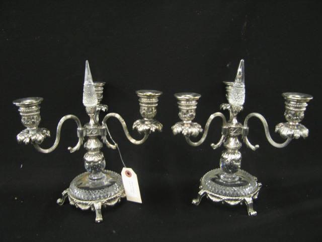 Appraisal: Pair of Silverplate Cut Crystal Candelabra each triple light diamond