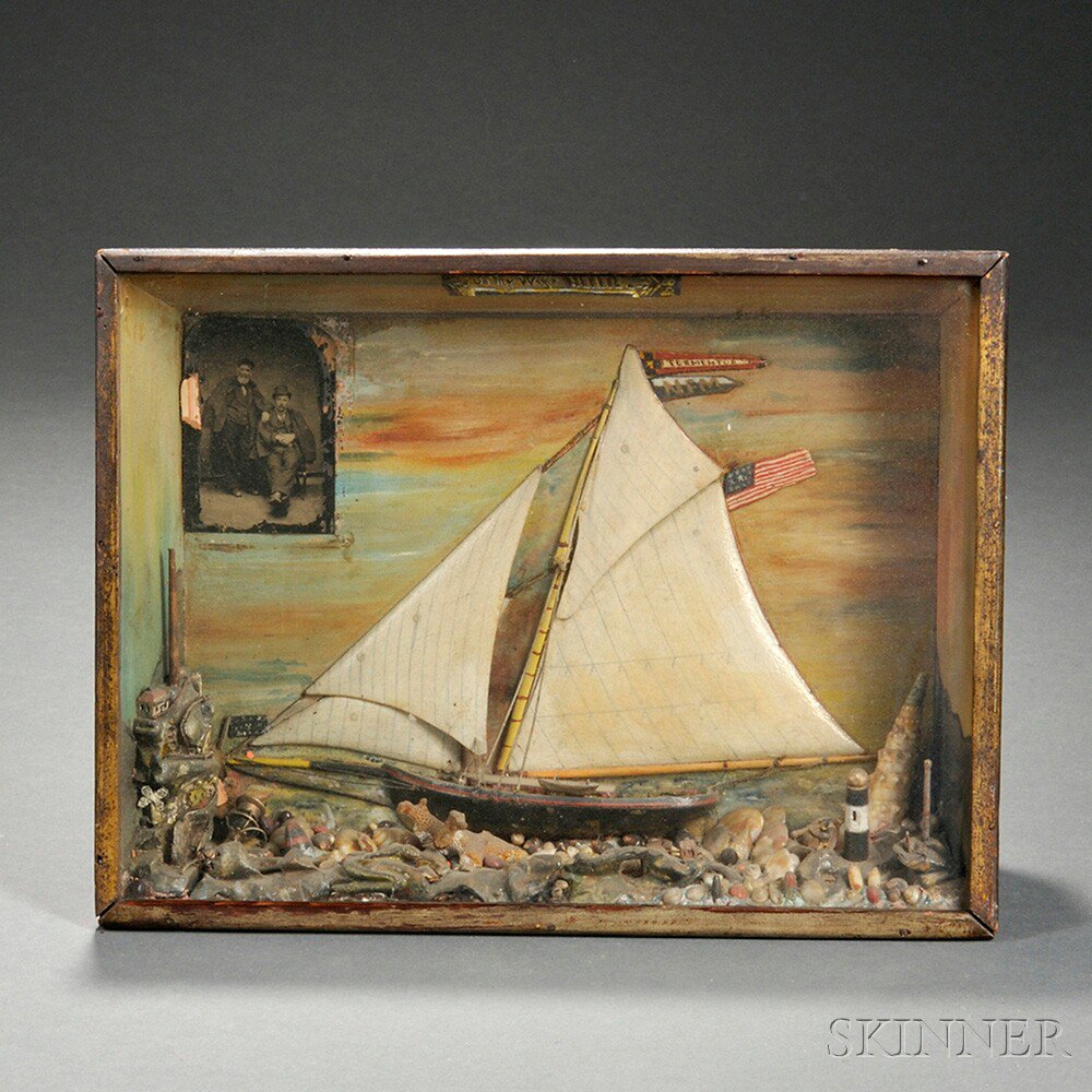 Appraisal: Small Carved Painted and Shellwork Shadow Box Diorama of the