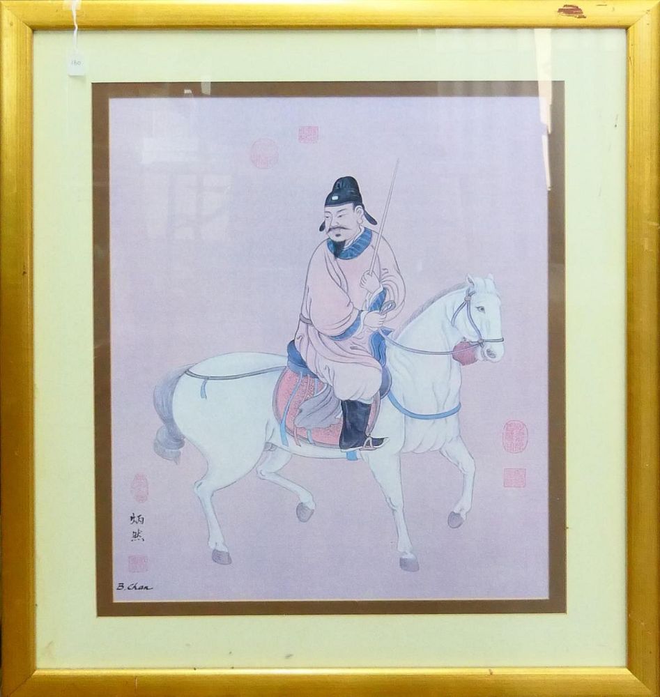 Appraisal: LARGE CHINESE PRINT WARRIOR HORSE BACK Measures X plus frame