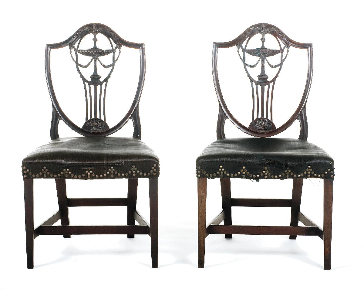 Appraisal: IMPORTANT PAIR OF BOSTON FEDERAL CARVED MAHOGANY SHIELD-BACK SIDE CHAIRS