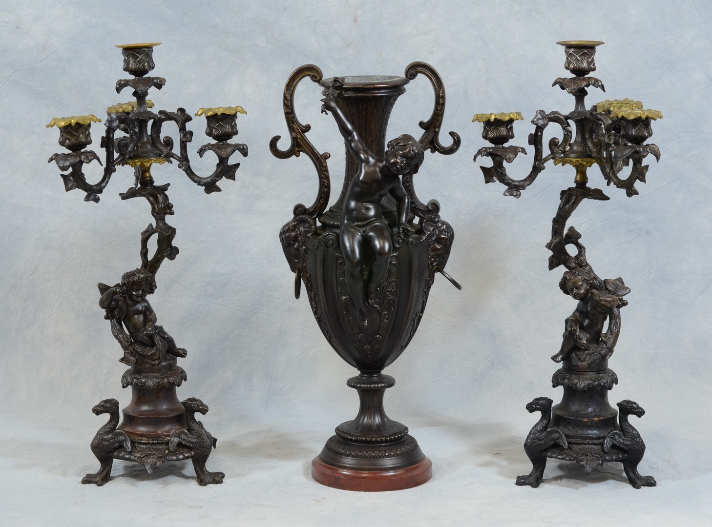 Appraisal: -Piece Louis XV Style patinated spelter garniture set double handle