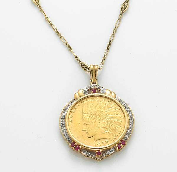 Appraisal: A diamond ruby US gold coin and k gold pendant