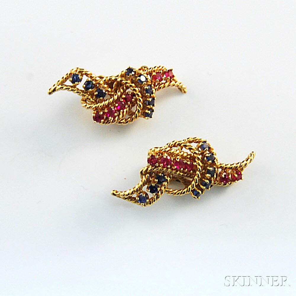 Appraisal: Pair of kt Gold Ruby and Sapphire Ribbon-form Earclips lg