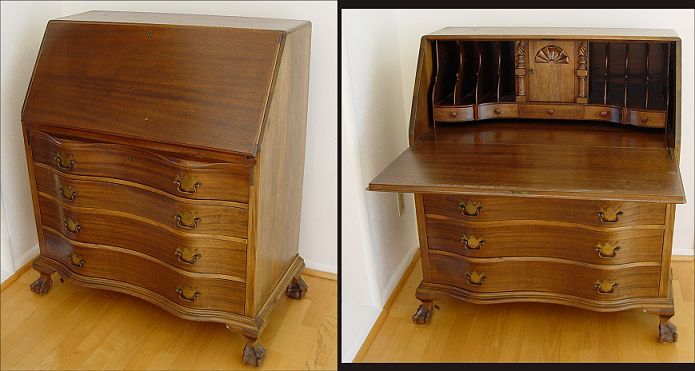 Appraisal: CHIPPENDALE STYLE MAHOGANY DROP FRONT DESK Serpentine front drawers Mid