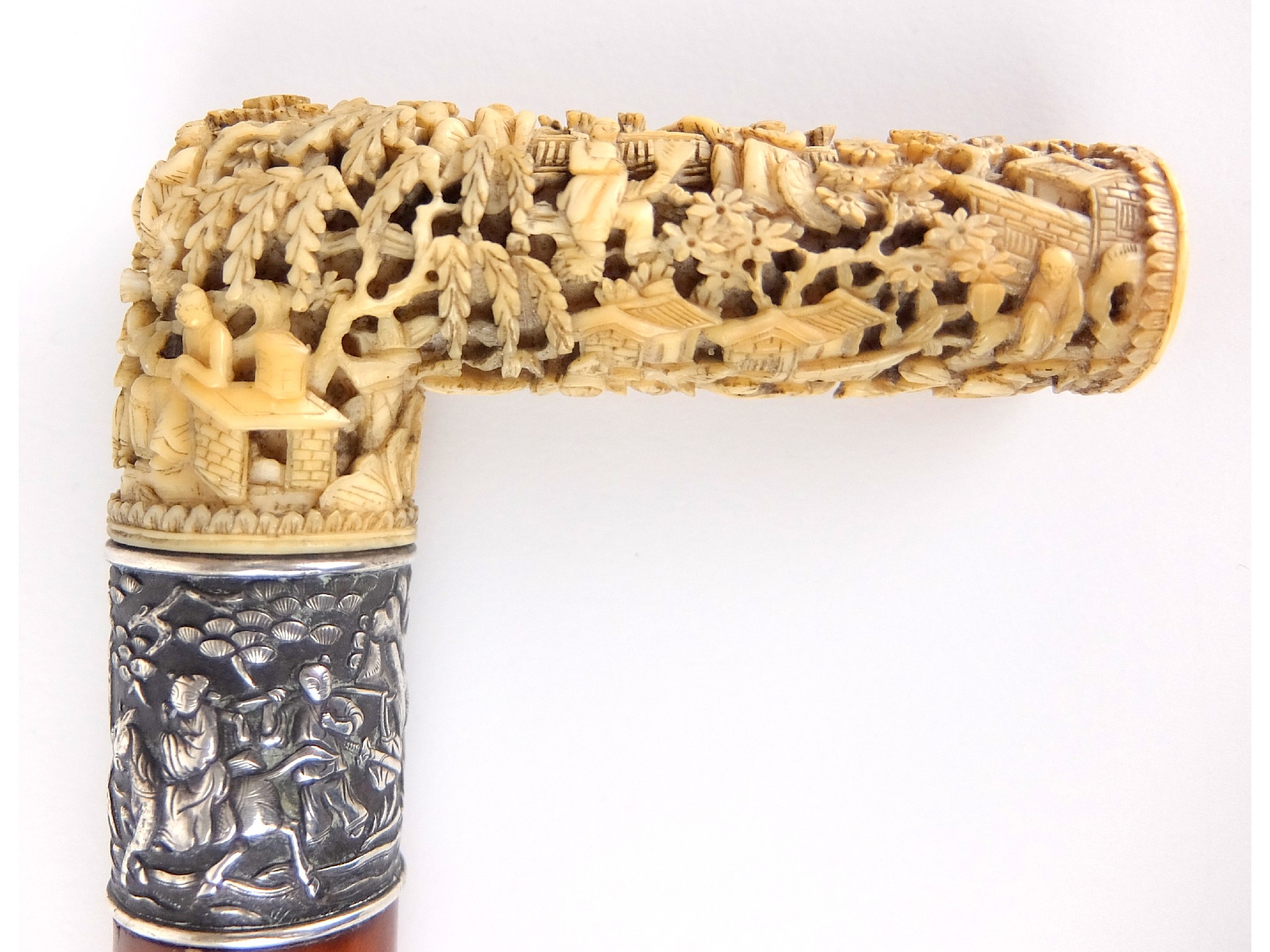 Appraisal: A Canton ivory handled and bamboo walking stickthe handle carved