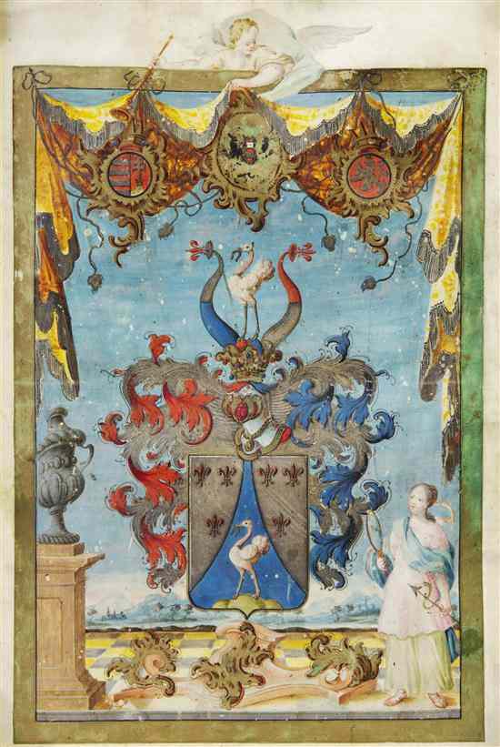 Appraisal: ILLUMINATED MANUSCRIPT HERALDRY A hand-painted Coat-of-Arms Austro-Hungarian featuring a central