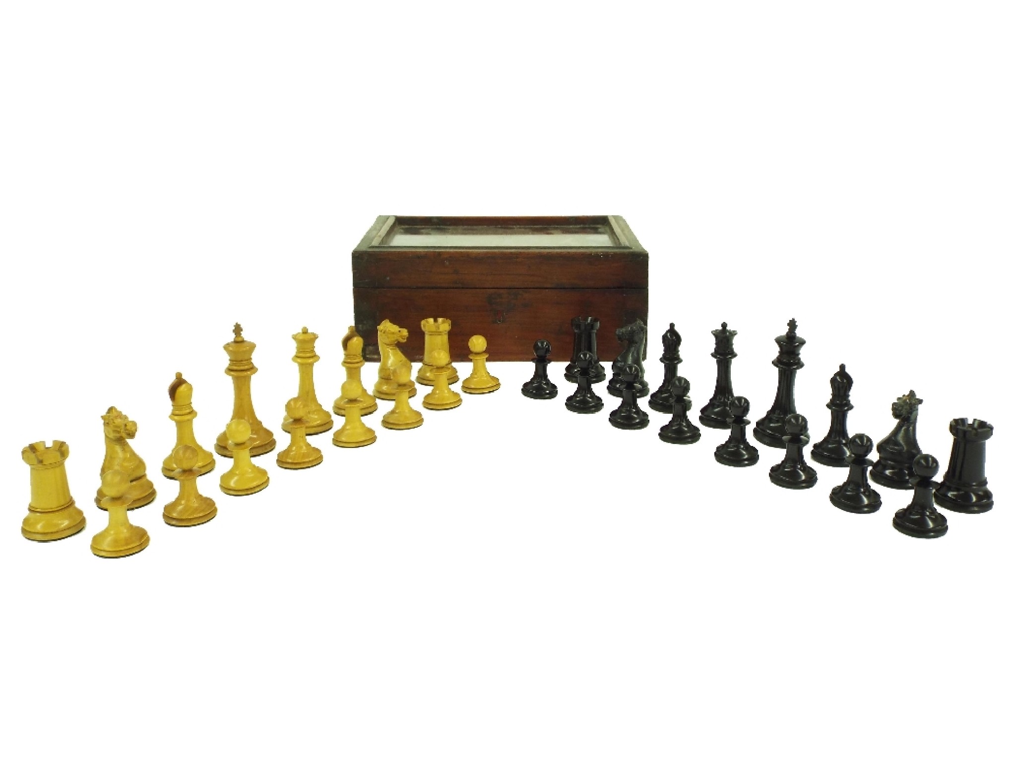 Appraisal: th century wooden Jaques chess set and box the king