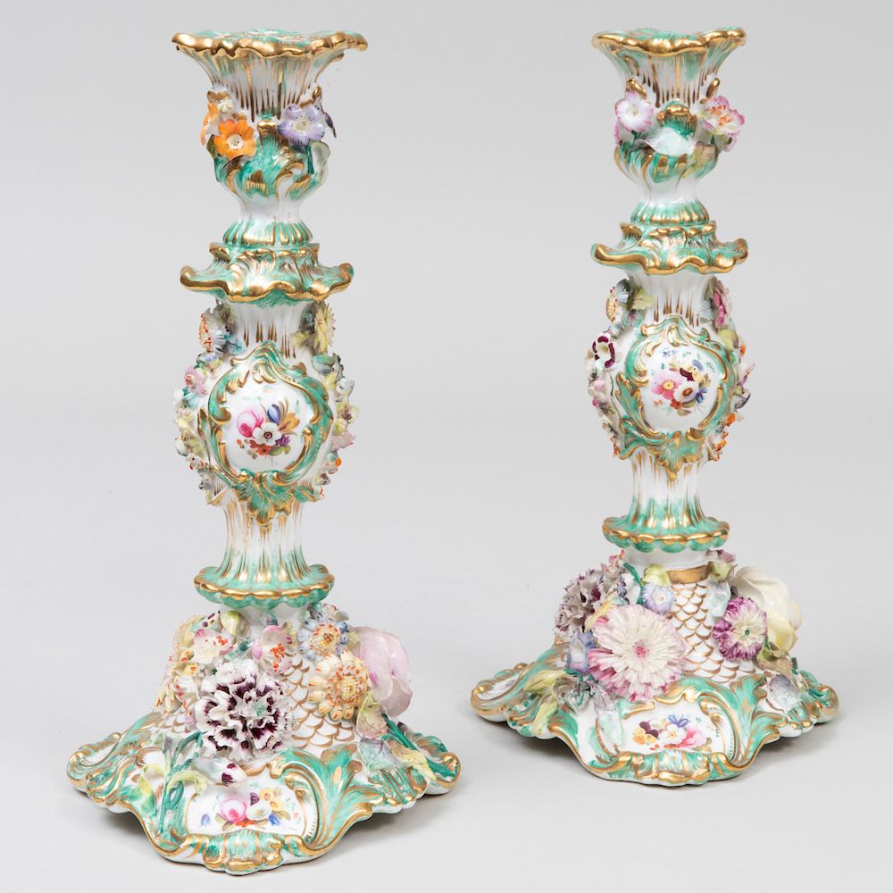 Appraisal: Pair of English Porcelain Flower Encrusted Green Ground Candlesticks x