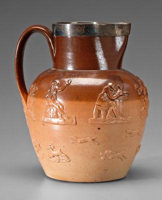 Appraisal: Silver-mounted stoneware pitcher windmills horsemen hounds and drinking scenes under