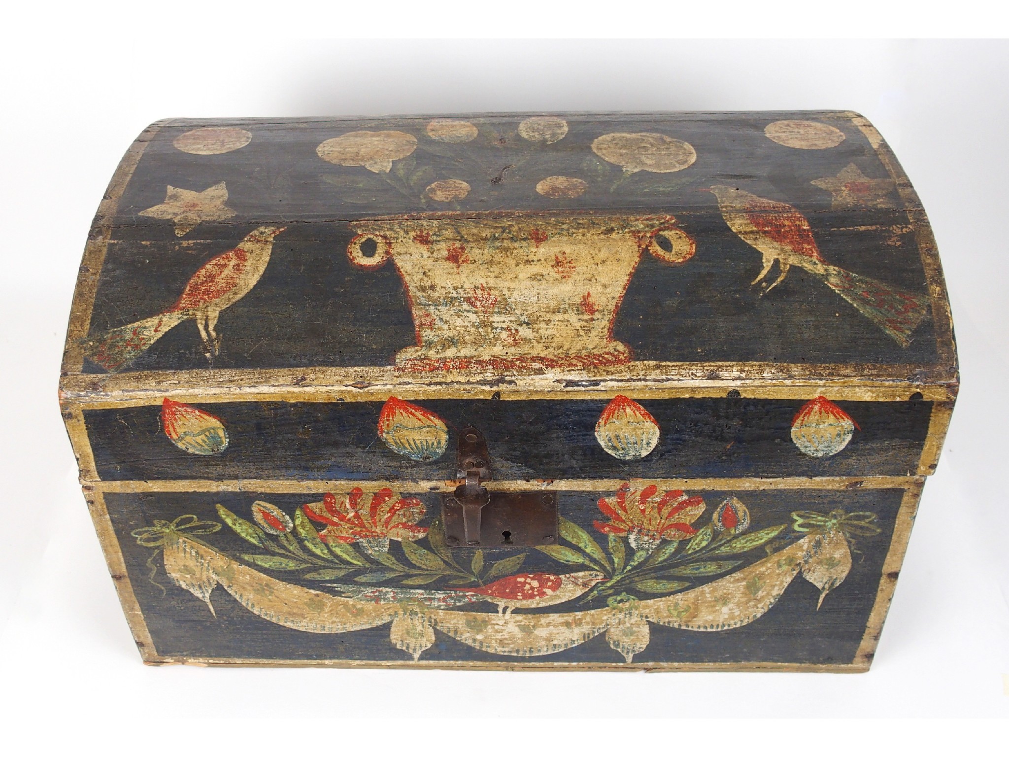 Appraisal: A primitive polychrome domed casketpainted with birds and a basket