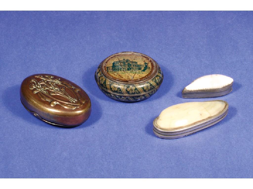 Appraisal: FOUR SNUFF BOXES one of Art Nouveau design Molassine long