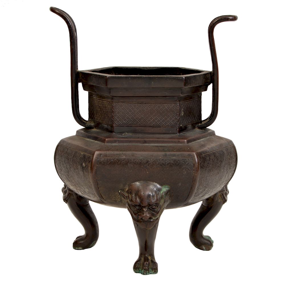 Appraisal: Chinese Bronze Tripod Censer Chinese bronze hexagon shaped censer raised