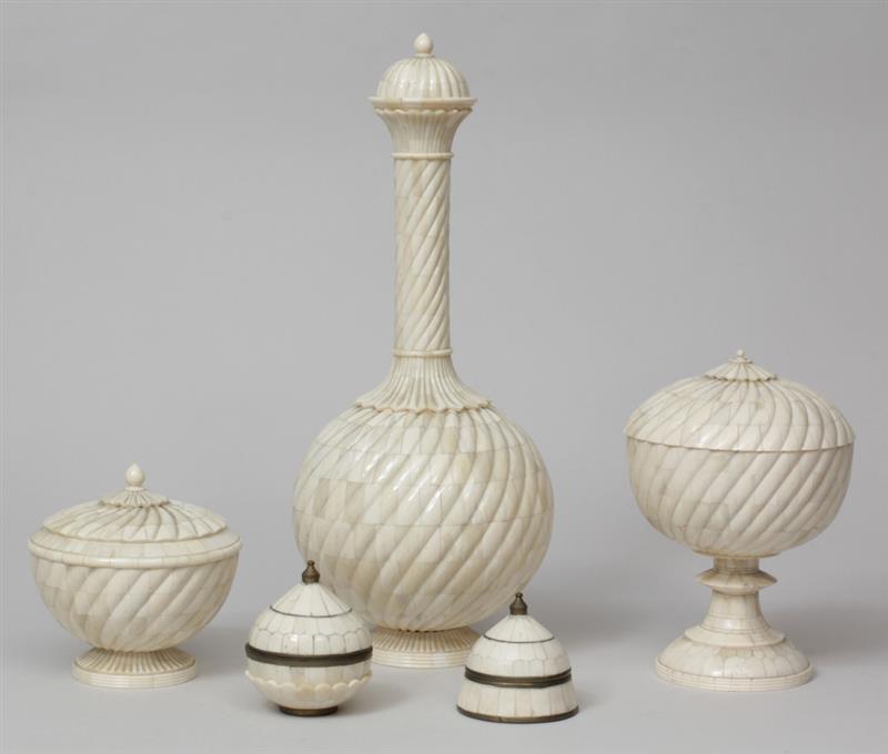 Appraisal: Five Indian Bone-Mounted Lidded Articles Four with brass liners one