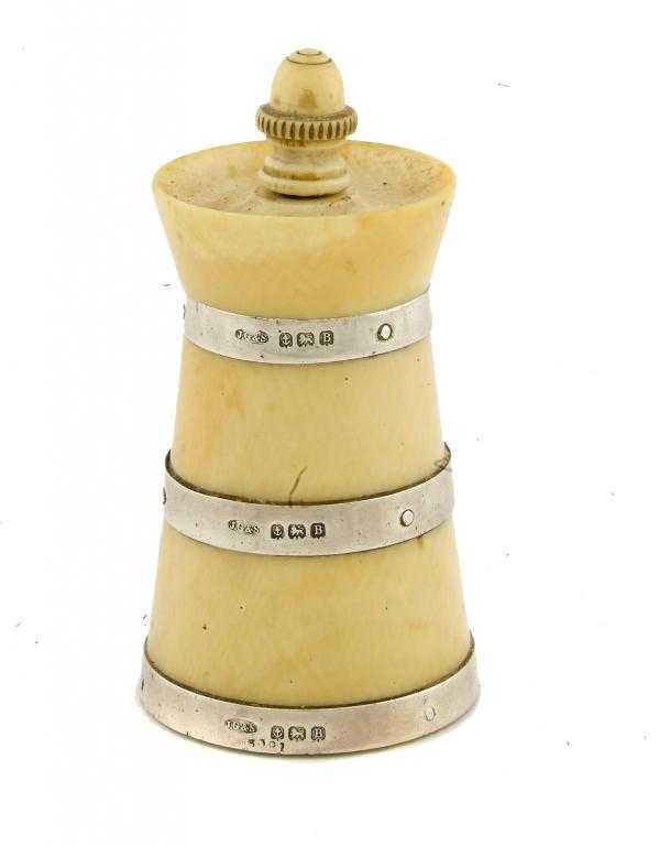 Appraisal: A GEORGE V PEPPER MILL of turned ivory with three