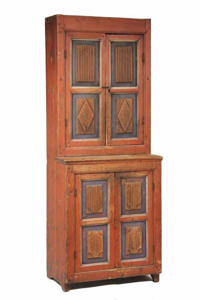 Appraisal: PAINTED STEP-BACK CUPBOARD - Country Pine Painted Step-Back Cupboard in