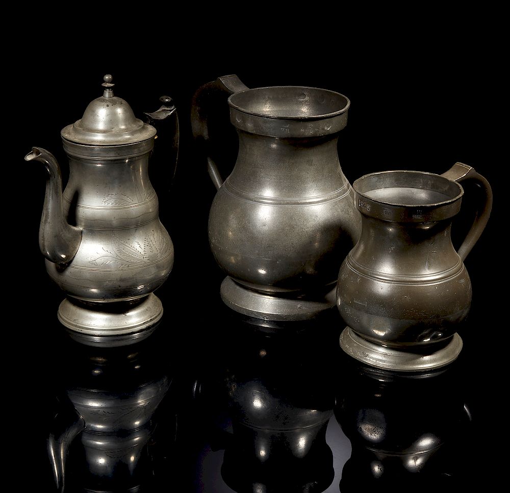 Appraisal: Pewter Measures and Coffee Pot Two pewter measures gallon and