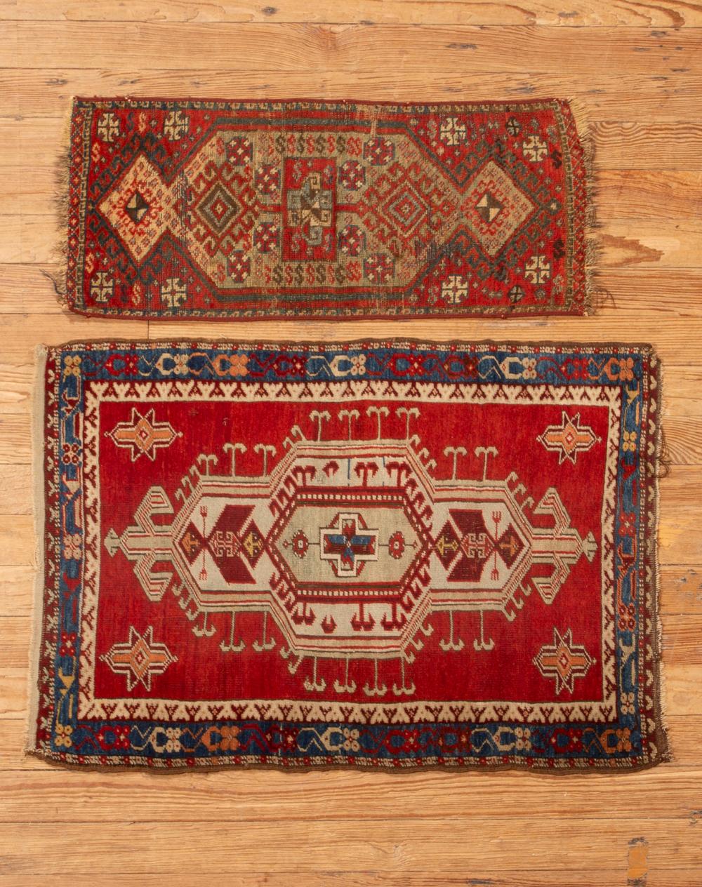 Appraisal: TWO SMALL CAUCASIAN RUGSTwo Small Antique Caucasian Rugs red ground