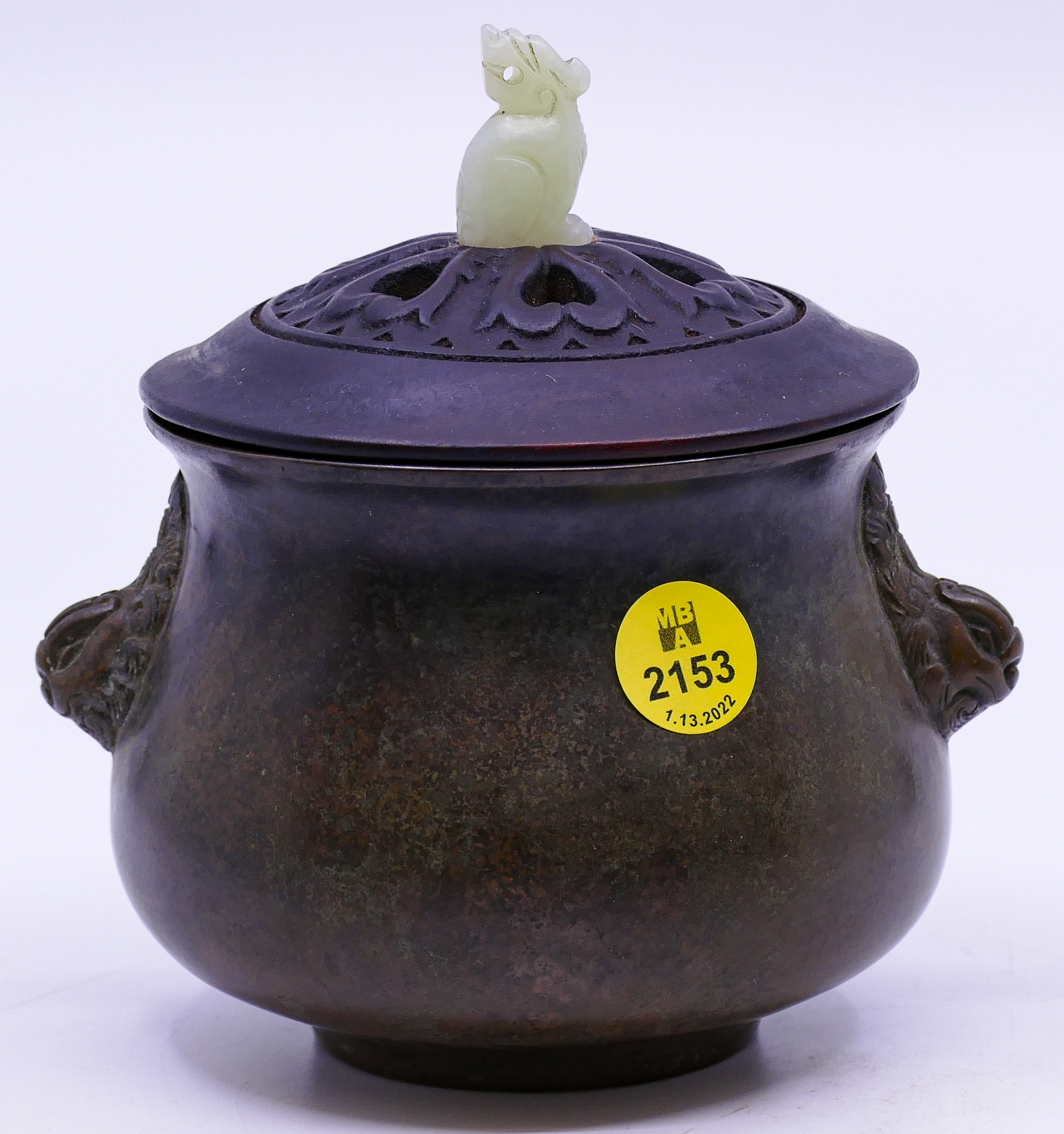 Appraisal: Chinese Bronze Censer with Jade Finial Lid- x ''