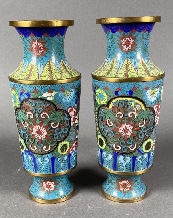 Appraisal: Pair of vintage brass enamel cloisonne vases They measure about