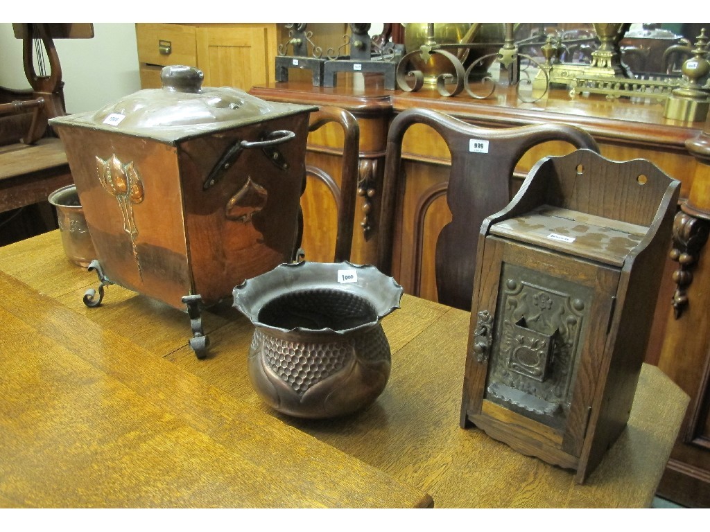 Appraisal: Art Nouveau copper coal box two planters and a smokers