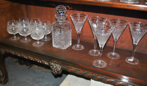 Appraisal: A square contemporary cut glass decanter to w five matching