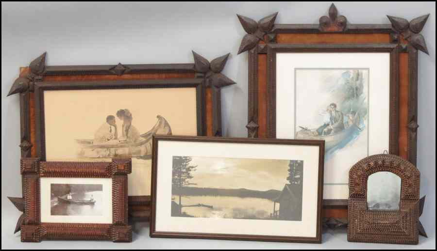 Appraisal: TWO CANOE PRINTS IN TRAMP ART FRAMES Together with a