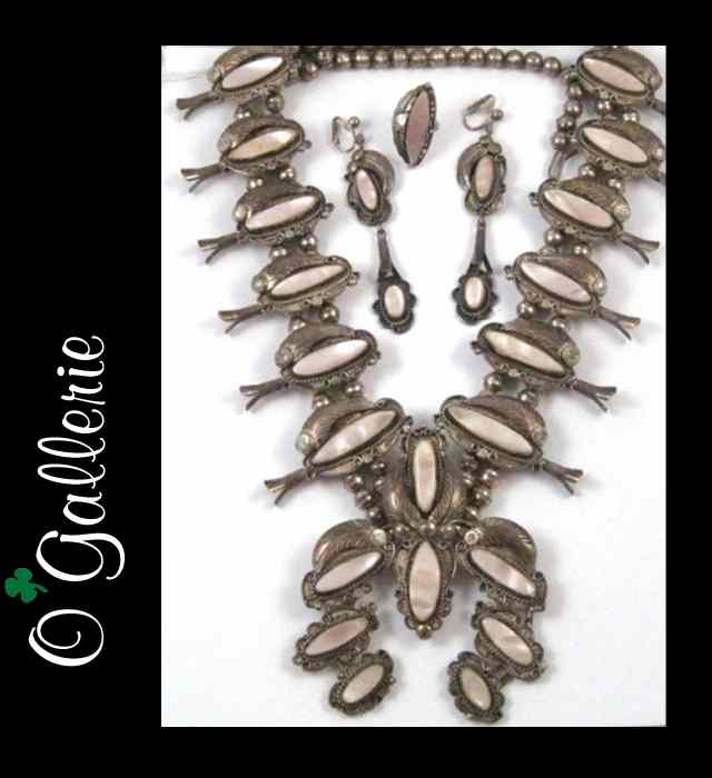 Appraisal: NAVAJO STERLING SILVER SQUASH BLOSSOM NECKLACE RING AND EARRINGS SET